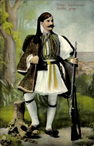 Ak Griechischer Soldat, Portrait, Mantel, Gewehr