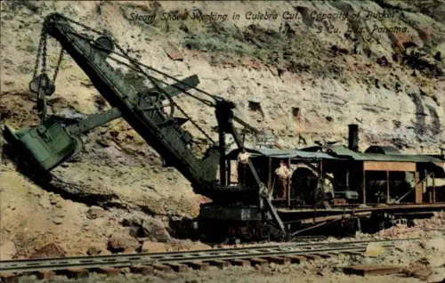 Ak Panama, Bau des Panama-Kanals, Culebra Cut, Dampfbagger bei der Arbeit