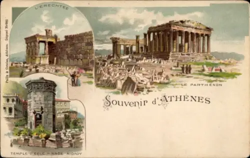 Litho Athen Griechenland, le Parthénon et le Temple d'Erechtee