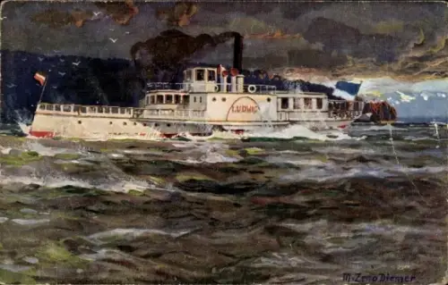 Künstler Ak Diemer, Z., Starnberger See, Salondampfer Ludwig bei Gewitter-Sturm