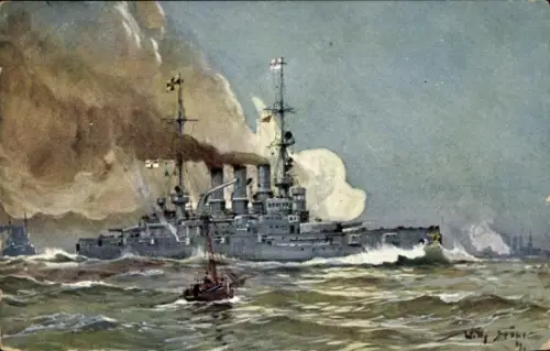 Künstler Ak Stöwer, Willy, Deutsches Kriegsschiff, Linienschiff mit Kaiserstandarte