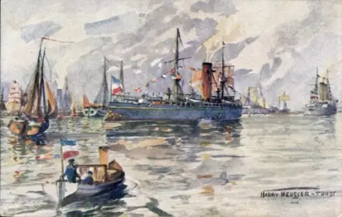 Künstler Ak Heusser, Harry, Französisches Kriegsschiff im Hafen