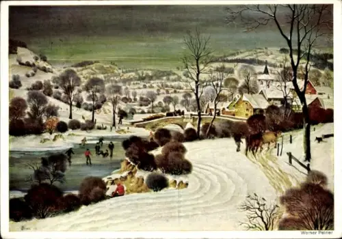 Künstler Ak Peiner, Werner, Eifeldorf im Schnee, Hanfstaengl