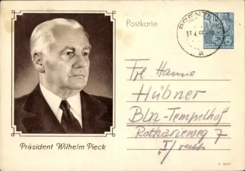 Ganzsachen Ak Wilhelm Pieck, Präsident der DDR von 194 bis 1960