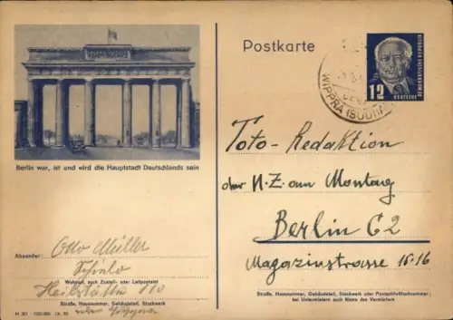 Ganzsachen Ak DDR, Berlin war, ist und wird die Hauptstadt Deutschlands sein, Brandenburger Tor