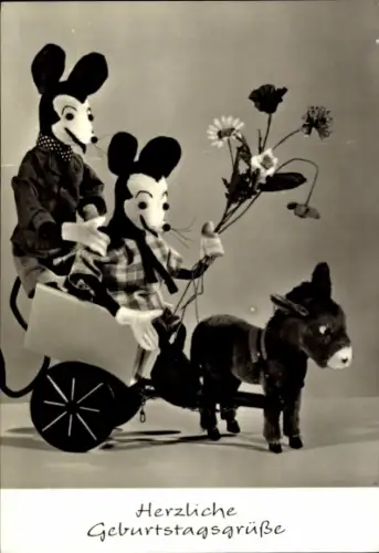 Ak Glückwunsch zum Geburtstag, Mäuse in einem Wagen, Blumen, Stoffesel, Künstlerpuopen Curt Meißner