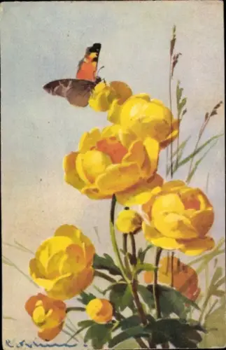 Künstler Ak Klein, C., Gelbe Blumen, Schmetterling