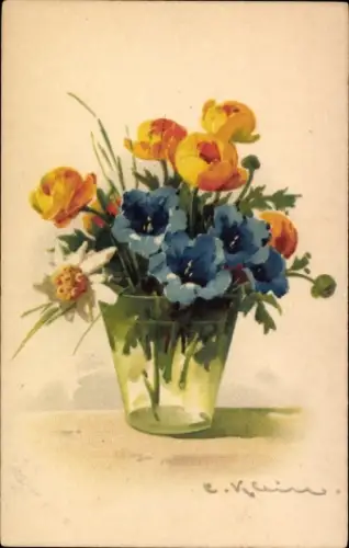 Künstler Ak Klein, Catharina, Alpenblumen in einem Glas, Enzian, Edelweiß