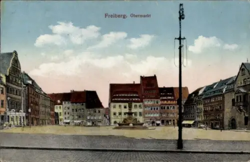 Ak Freiberg in Sachsen,  Obermarkt, Brunnen,  Gebäude