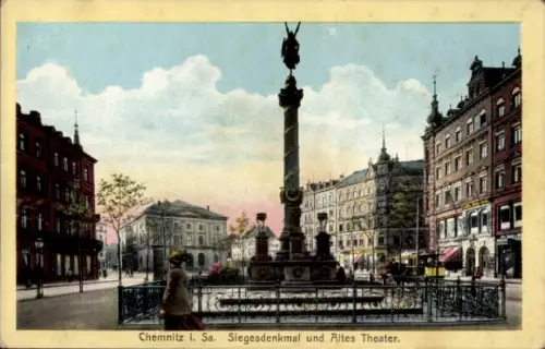 Ak Chemnitz in Sachsen,  Siegesdenkmal, Altes Theater, Stadtansicht