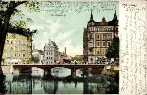 Ak Chemnitz in Sachsen, Nicolaibrücke,  Fluss, Brücke,  Gebäude