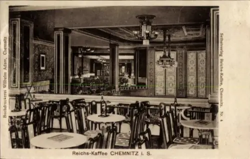 Ak Chemnitz in Sachsen, Reichs-Kaffee  Innenansicht, Tische und Stühle, dekorative Wände