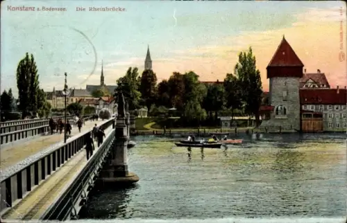 Ak Konstanz am Bodensee, Konstanz am Bodensee, Rheinbrücke, Wasser, Boote, Bäume, Türme