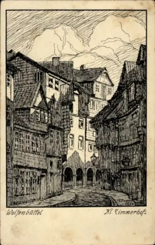 Ak Wolfenbüttel in Niedersachsen, Zeichnung einer Straße in  Häuser, Wolken, K. Kimmerbof