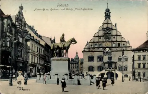 Ak Plauen im Vogtland, Altmarkt, Rathaus und König Albert-Denkmal