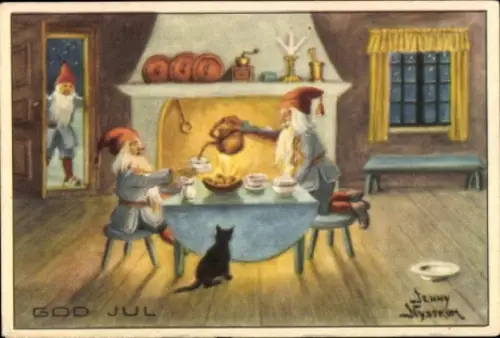 Künstler Ak Nyström, Jenny, Frohe Weihnachten, Zwerge beim Teetrinken