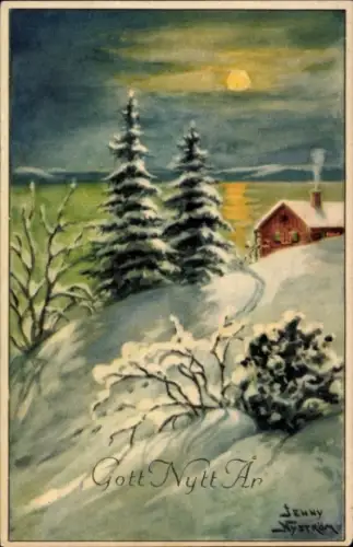 Künstler Ak Nyström, Jenny, Fröhliches Neujahr, verschneites Haus im Mondschein