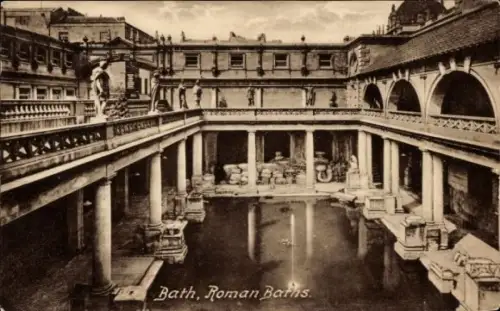 Ak Bath Somerset England, Römische Bäder, Säulen, Wasserbecken,  Stätte
