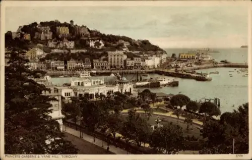 Ak Torquay Devon England, Hafenansicht, Princess Gardens, Vane Hill,  Schiffe, Bäume