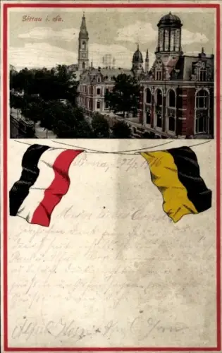 Passepartout Ak Zittau in Sachsen, Teilansicht, Fahnen