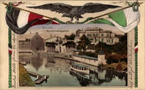 Passepartout Ak Wurzen in Sachsen, Bootslandungsplatz, Flaggen, Adler