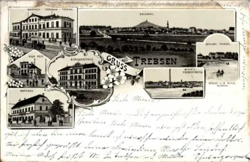 Litho Trebsen an der Mulde Sachsen, Schloss, Kolmberg, Bürgerschule, Rathaus, Bahnhof, Villa