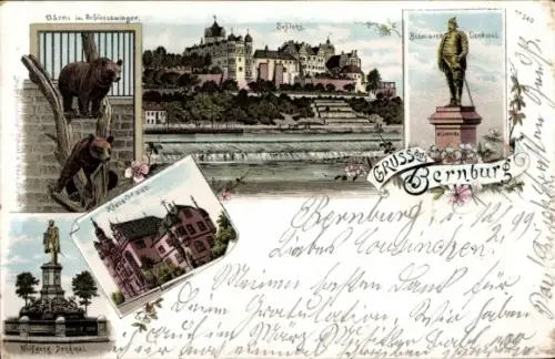 Litho Bernburg an der Saale, Schloss, Bismarck-Denkmal, Bärenzwinger, Kreishaus, Wolfgangdenkmal