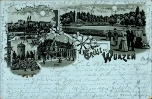 Mondschein Litho Wurzen in Sachsen, Post, Turm, Parkteich, Schloss
