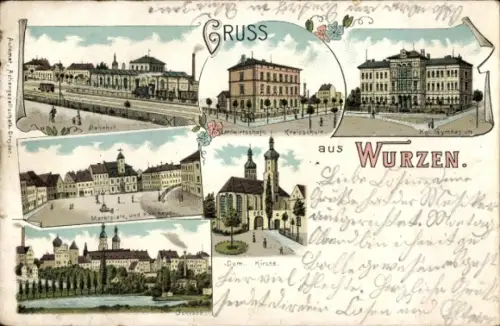 Litho Wurzen in Sachsen, Bahnhof, Kreisschule, Gymnasium, Dom, Kirche, Schloss, Marktplatz