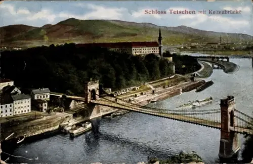 Ak Děčín Tetschen an der Elbe Region Aussig, Schloss  Kettenbrücke, Fluss, Landschaft