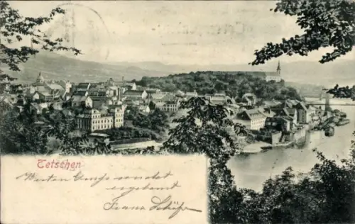 Ak Děčín Tetschen an der Elbe Region Aussig, Stadtansicht von  Fluss, Berge, Bäume
