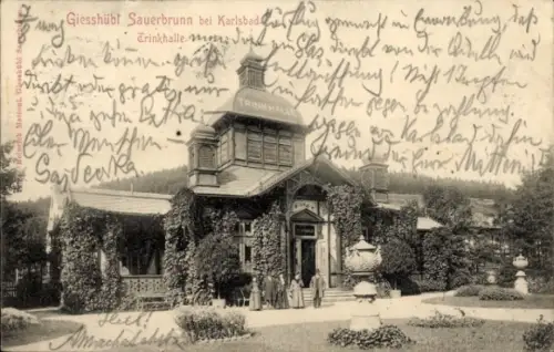 Ak Karlovy Vary Karlsbad Stadt, Trinkhalle, Giesshübt Sauerbrunn,  Natur, Menschen