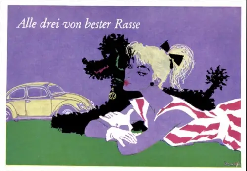 Künstler Ak Alle drei von bester Rasse, Pudel, VW Käfer, Frau, Volkswagen, Reklame