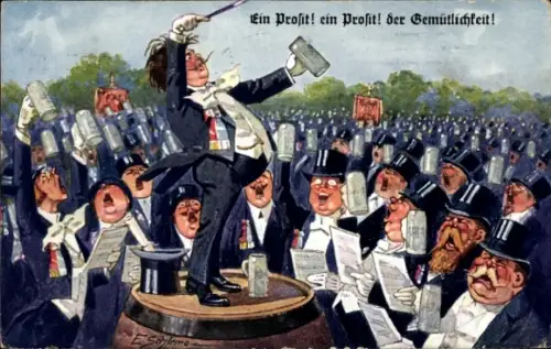 Künstler Ak Schlemo, E., Ein Prosit der Gemütlichkeit, Singende Männer auf dem Oktoberfest