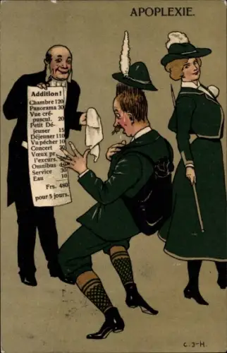 Ak Apoplexie, Kellner bringt eine Rechnung, Erschrockener Mann
