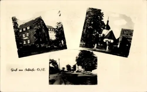 Ak Schleife in der Oberlausitz, Schule, Kirche, Dorfpartie