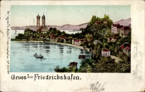 Litho Friedrichshafen am Bodensee, Teilansicht mit Schloss im Hintergrund