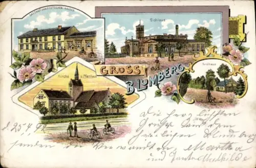 Litho Blumberg Ahrensfelde bei Berlin, Schloss, Forsthaus, Kirche, Gasthof zum Deutschen Kaiser