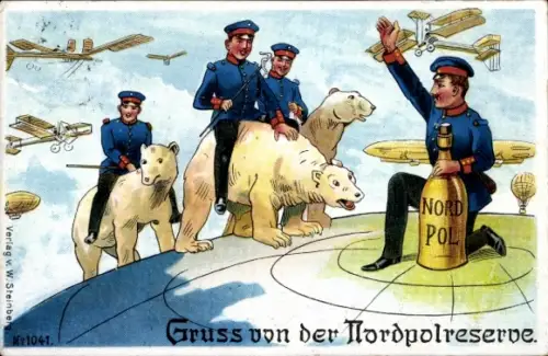 Künstler Ak Gruß von der Nordpolreserve, deutsche Soldaten, Eisbären, Flugzeuge, Zeppelin