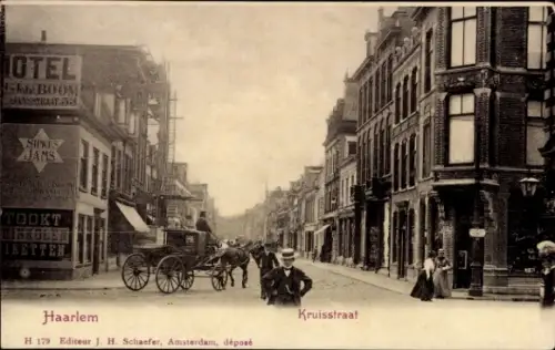 Ak Haarlem Nordholland Niederlande, Kruisstraat, Geschäfte, Hotel, Kutsche