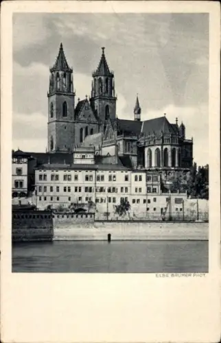 Ak Magdeburg an der Elbe, Dom von der Elbe, Gebäude mit zwei Türmen, Elbe im Vordergrund