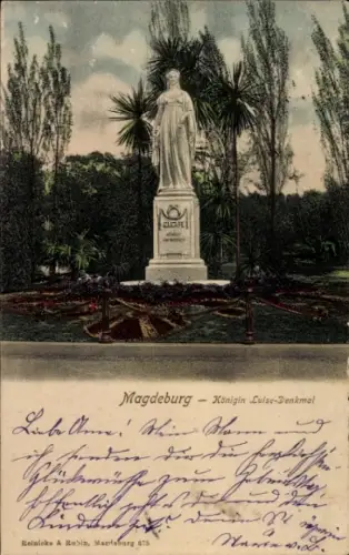 Ak Magdeburg an der Elbe, Königin Luise-Denkmal, Statue, Blumenbeet, Parklandschaft, Schriftzug