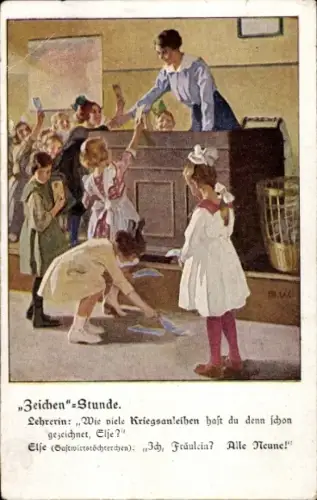 Künstler Ak Wennerberg, Bruno, Zeichenstunde, Kinder zeichnen Kriegsanleihen in der Schule, Lehrerin