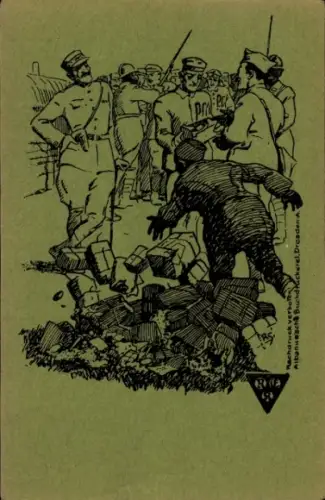 Künstler Ak Kriegsgefangenenlager, Deutsche Kriegsgefangene, P.G., Paketsendungen aus der Heimat
