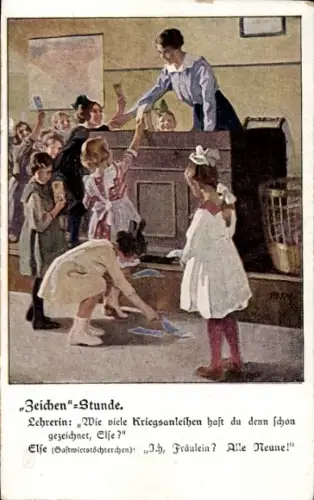 Künstler Ak Wennerberg, Bruno, Zeichenstunde, Kinder zeichnen Kriegsanleihen in der Schule, Lehrerin
