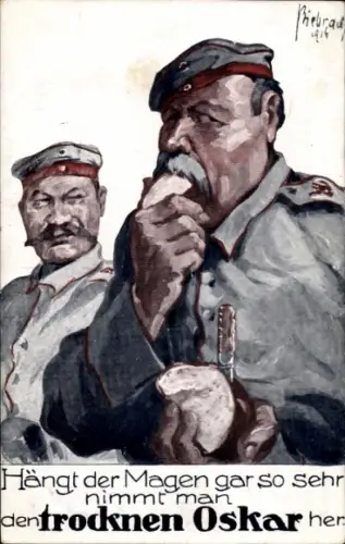 Künstler Ak Biebrach, Soldat mit Brot, trockner Oskar