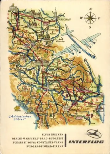 Landkarten Ak Hoppe, Interflug, Flugstrecken, Berlin, Warschau, Prag, Budapest, Bukarest, Sofia