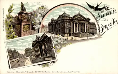 Litho Bruxelles Brüssel, Monument des Martyrs, Boulevard Anspach et la Bourse, Palais de la Bourse