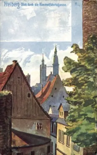 Ak Freiberg in Sachsen,  Blick durch die Himmelfahrtsgasse, Türme, Dächer, Bäume