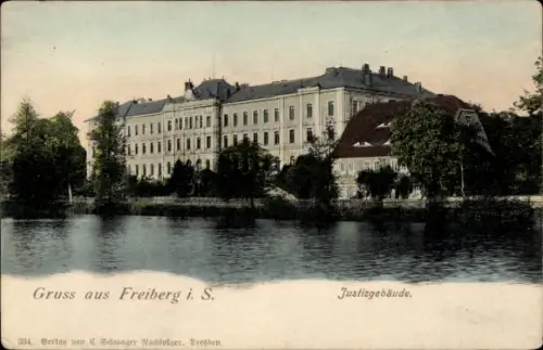 Ak Freiberg in Sachsen, Gruss aus  Justizgebäude, Wasseransicht